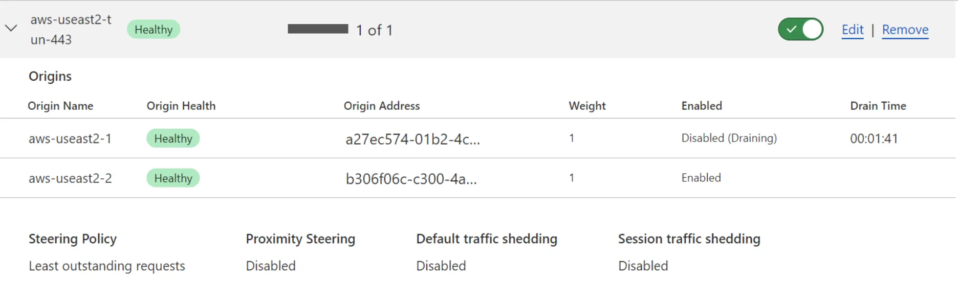 Figure 30: Endpoint draining occurring within a Cloudflare Load Balancer Endpoint draining in process from web user interface